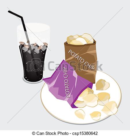 Vector Of Open Bag Of Chips With A Delicious Iced Coffee   Snack Food