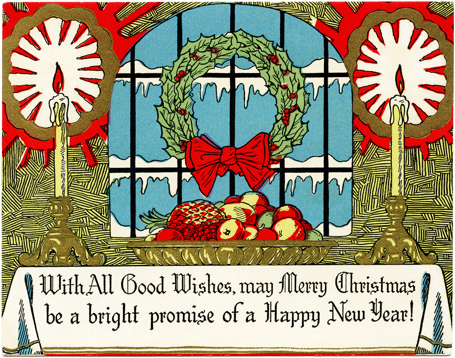 Wreath Candles Fruit Christmas Card   Free Vintage Image   Old Design