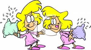 Cartoon Twin Sisters Having A Pillow Fight Royalty Free Clipart