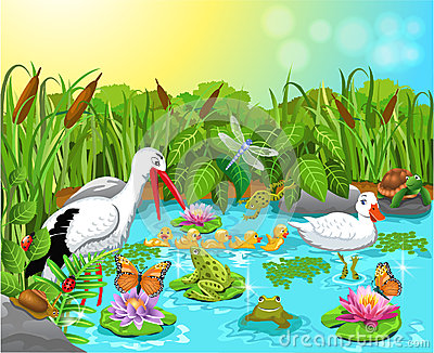 Illustration Of Wild Life In The Pond With Lots Of Cute Animals