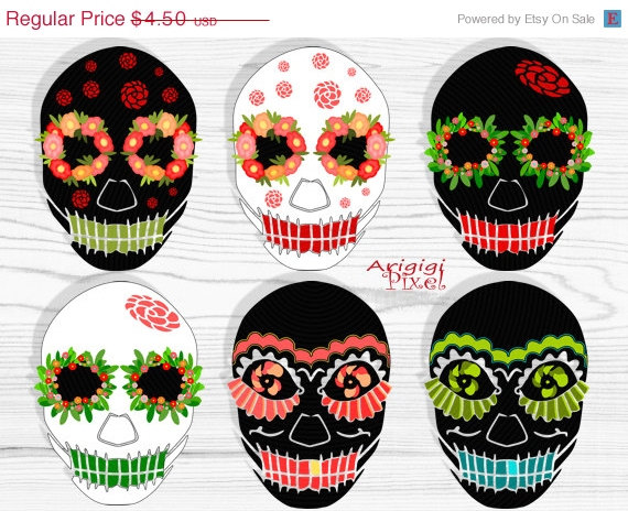 On Sale 50   Off Sugar Skull Clip Art Set  6 Images Black White