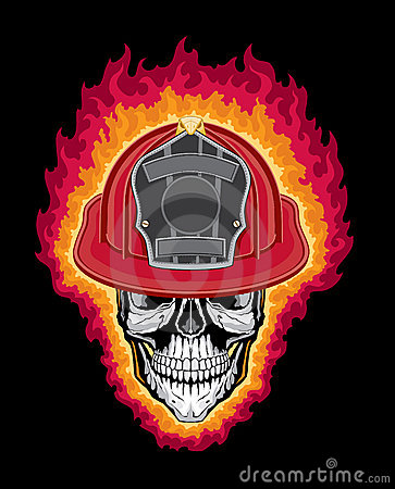 Of A Stylized Human Skull Wearing A Firefighter Helmet With Flames
