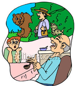 Grandpa Telling A Fish Story To His Grandson   Royalty Free Clipart