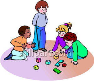 Group Of Children Playing With Building Blocks Royalty Free Clipart