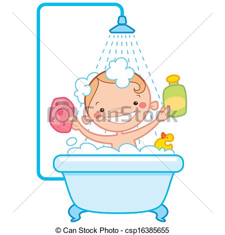 Happy Cartoon Baby Kid Having Bath In A Bathtub Holding A Shampoo