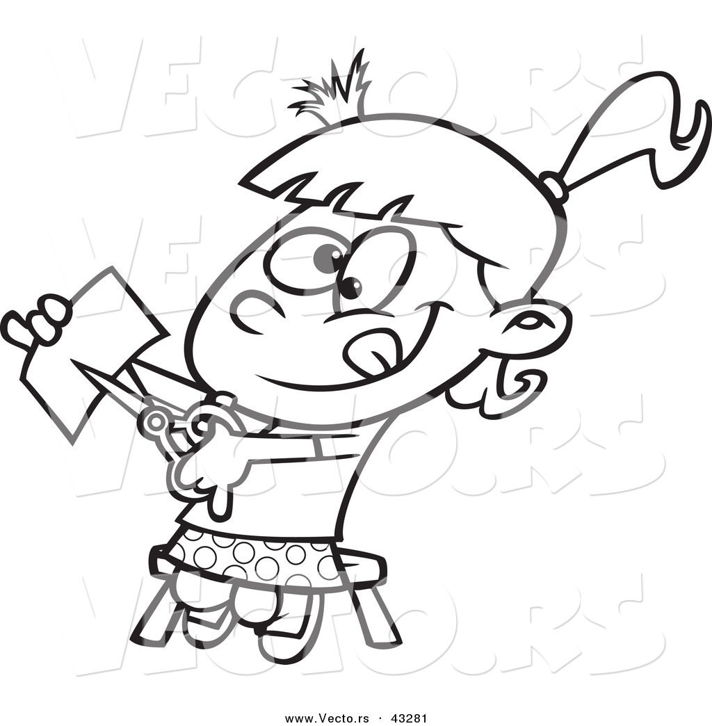 Happy Cartoon Girl Cutting Paper With Scissors   Coloring Page Outline