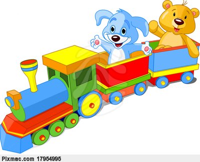Toy Train  Dog And Teddy Sitting In Car And Waving Hello Stock Photo