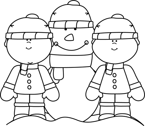 Black And White Boys With Snowman Clip Art   Black And White Boys With