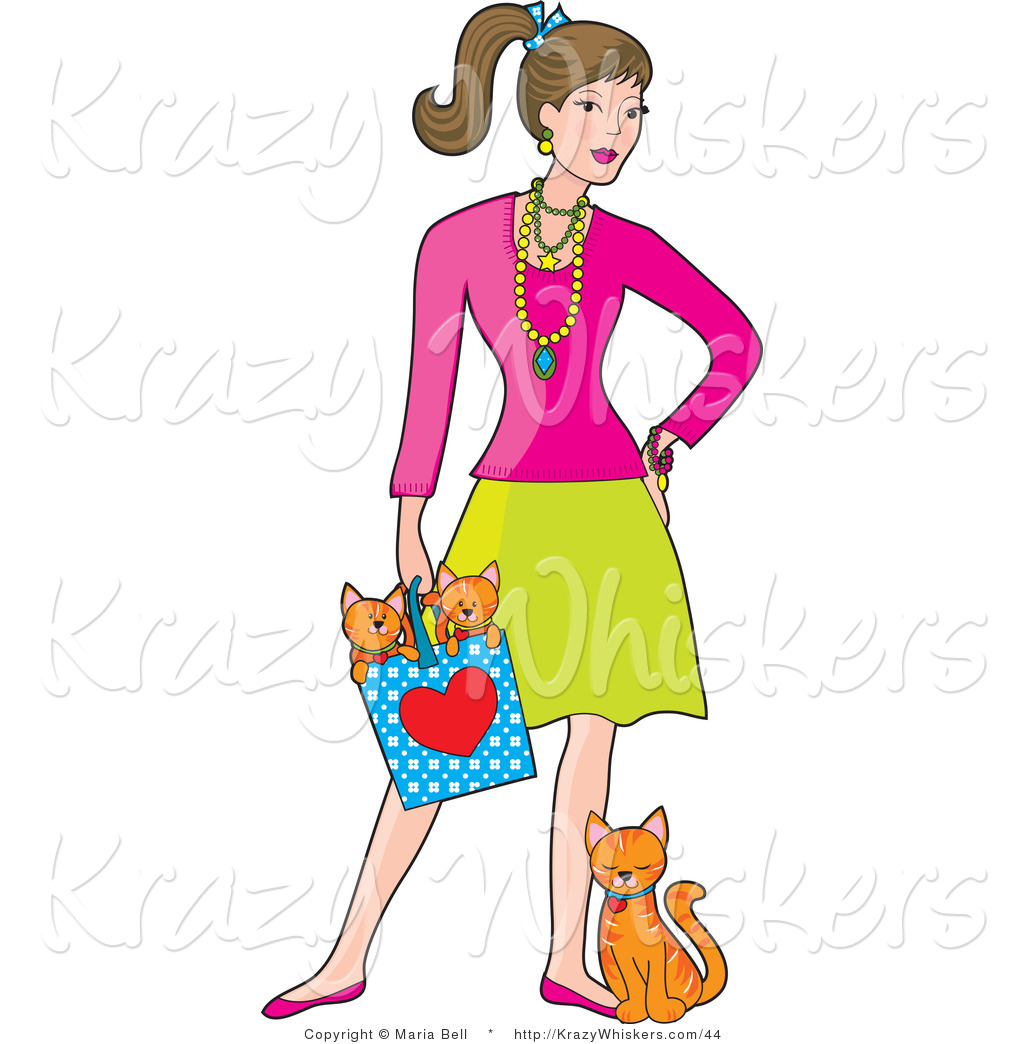 Kitty Clipart Of A Stylish Lady With A Cat At Her Feet And Kittens In