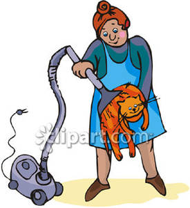 Lady Vacuuming A Cat With The Vacuum Cleaner Royalty Free Clipart