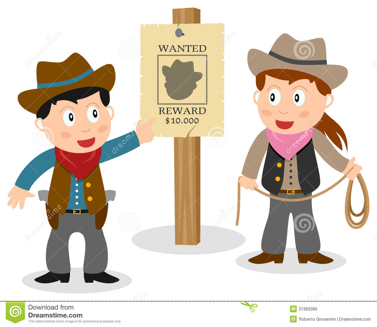 Two Cartoon Cowboy Kids  Boy And Girl  Looking At A Wanted Poster On