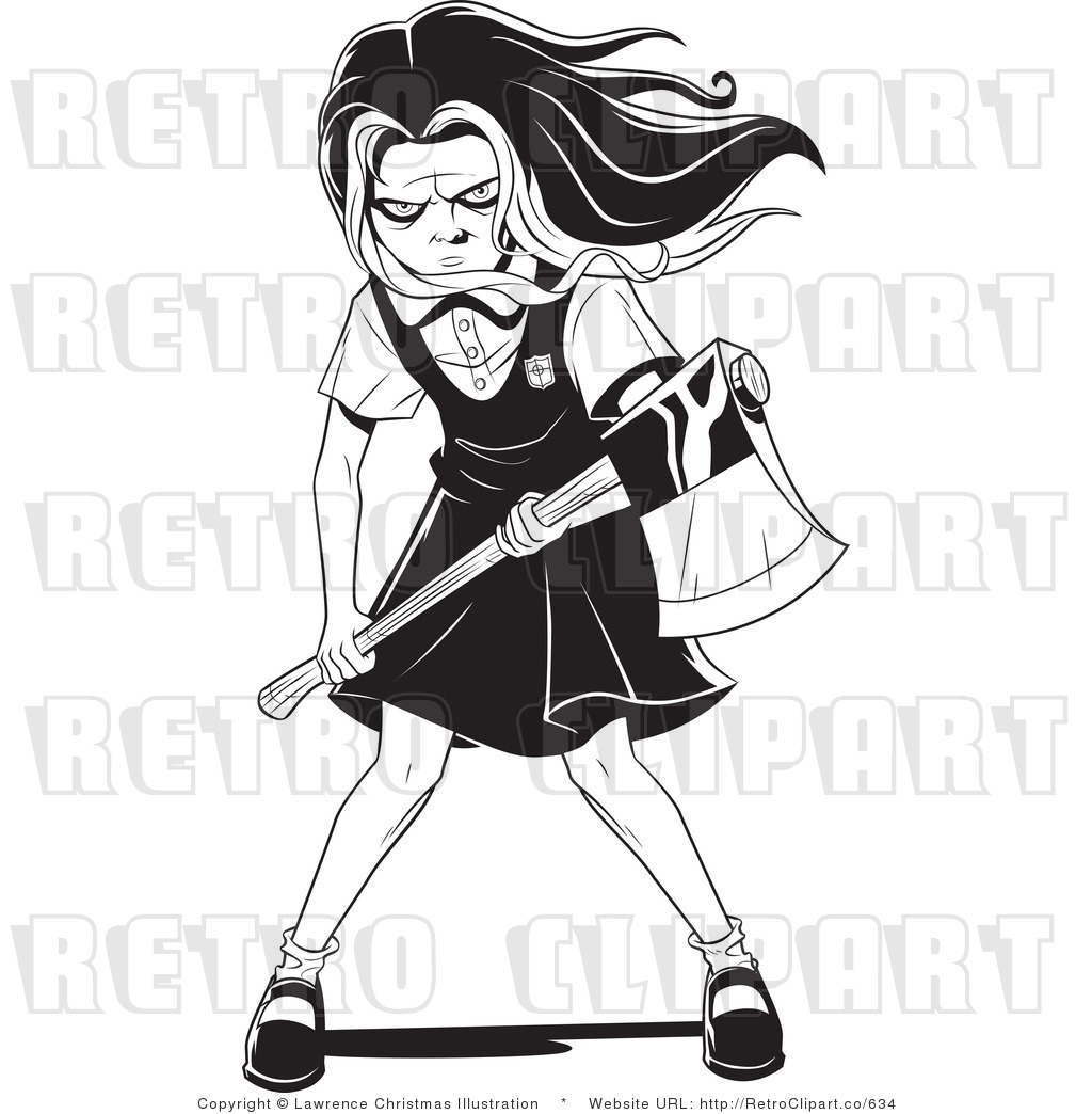 Zombie School Girl Holding An Axe Retro Royalty Free Vector Clipart