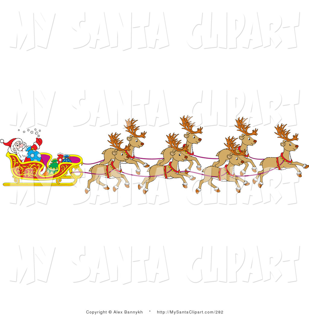 Christmas Clip Art Of A Team Of Santa S Reindeer Pulling The Sleigh On