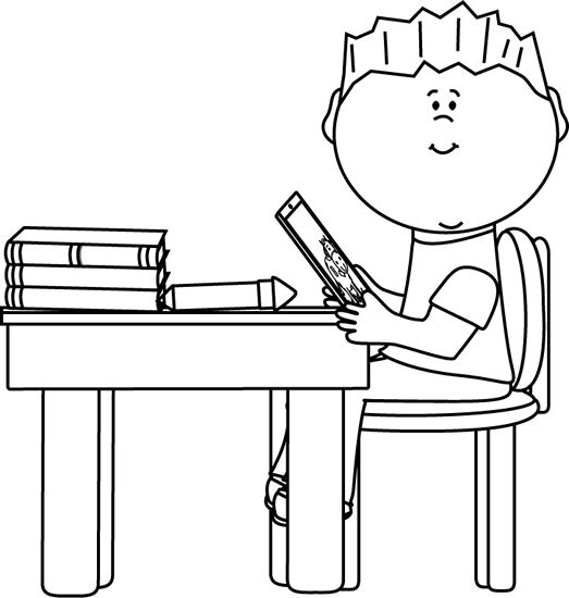 Black And White Boy At School Desk With Tablet Clip Art   Black And