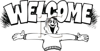 Black And White Cartoon Of A Man With His Arms Open Wide And A Welcome