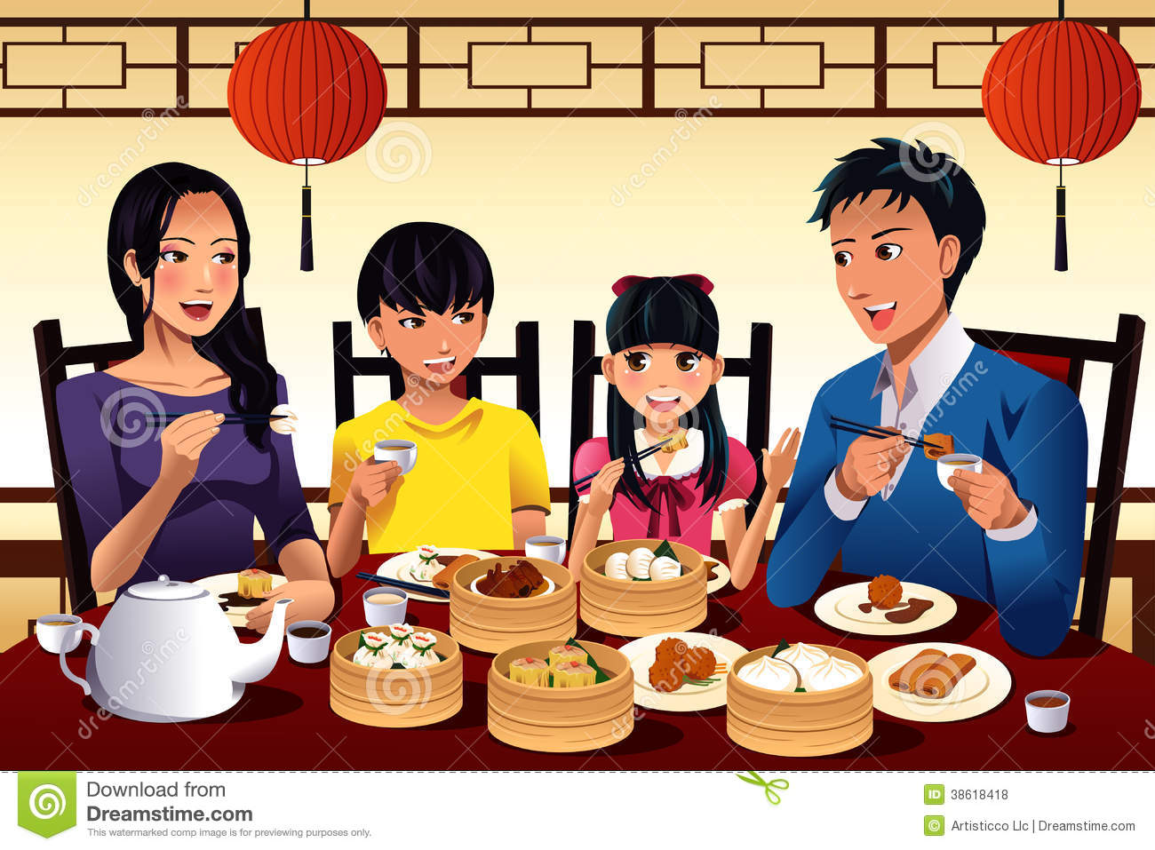 Illustration Of Chinese Family Eating Dim Sum At A Chinese Restaurant