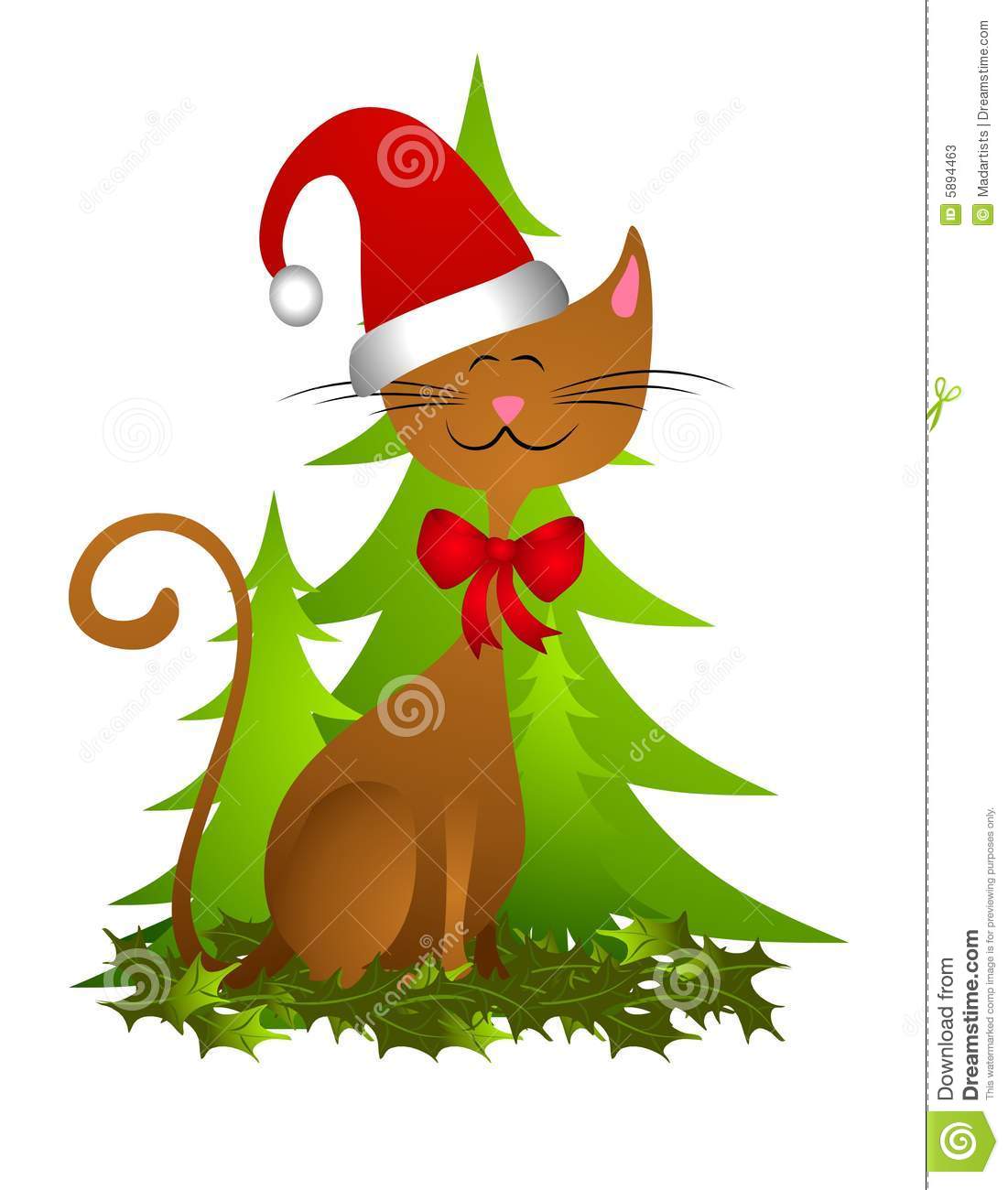 Clip Art Illustration Featuring A Cute Cat Wearing Santa Hat With Bow