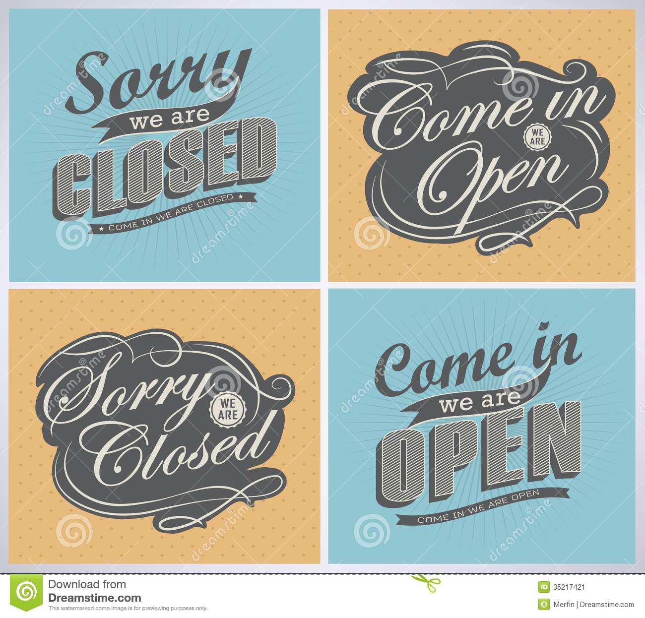 Open And Closed Vintage Retro Signs  Typography Design Drawing With