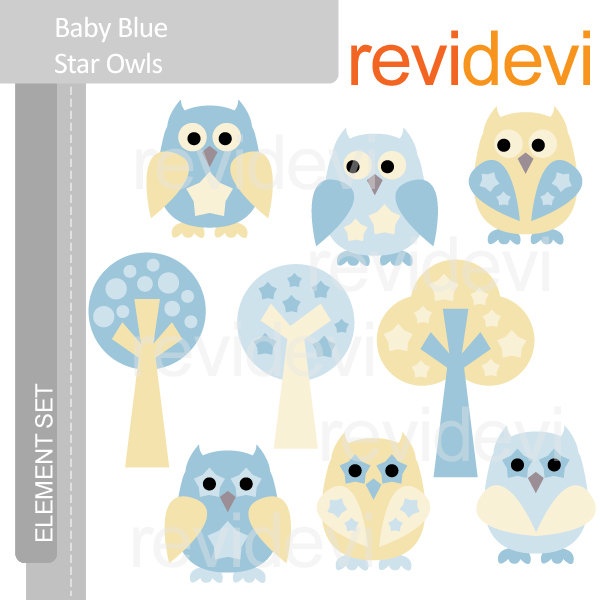 Owl Clip Art   Baby Blue Star Owls E050   Element Set   Cute Digital
