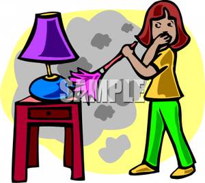 Holding Her Nose And Dusting Furniture   Royalty Free Clipart Picture