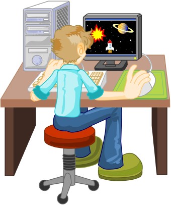 Art Of A Boy Sitting On A Stool At A Desk Using A Desktop Computer