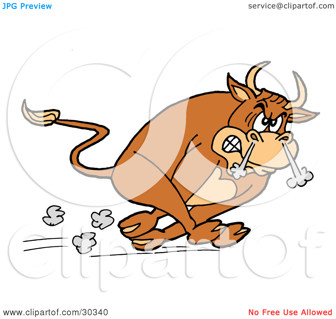 Clipart Illustration Of A Raging Brown Charging Bull Running With