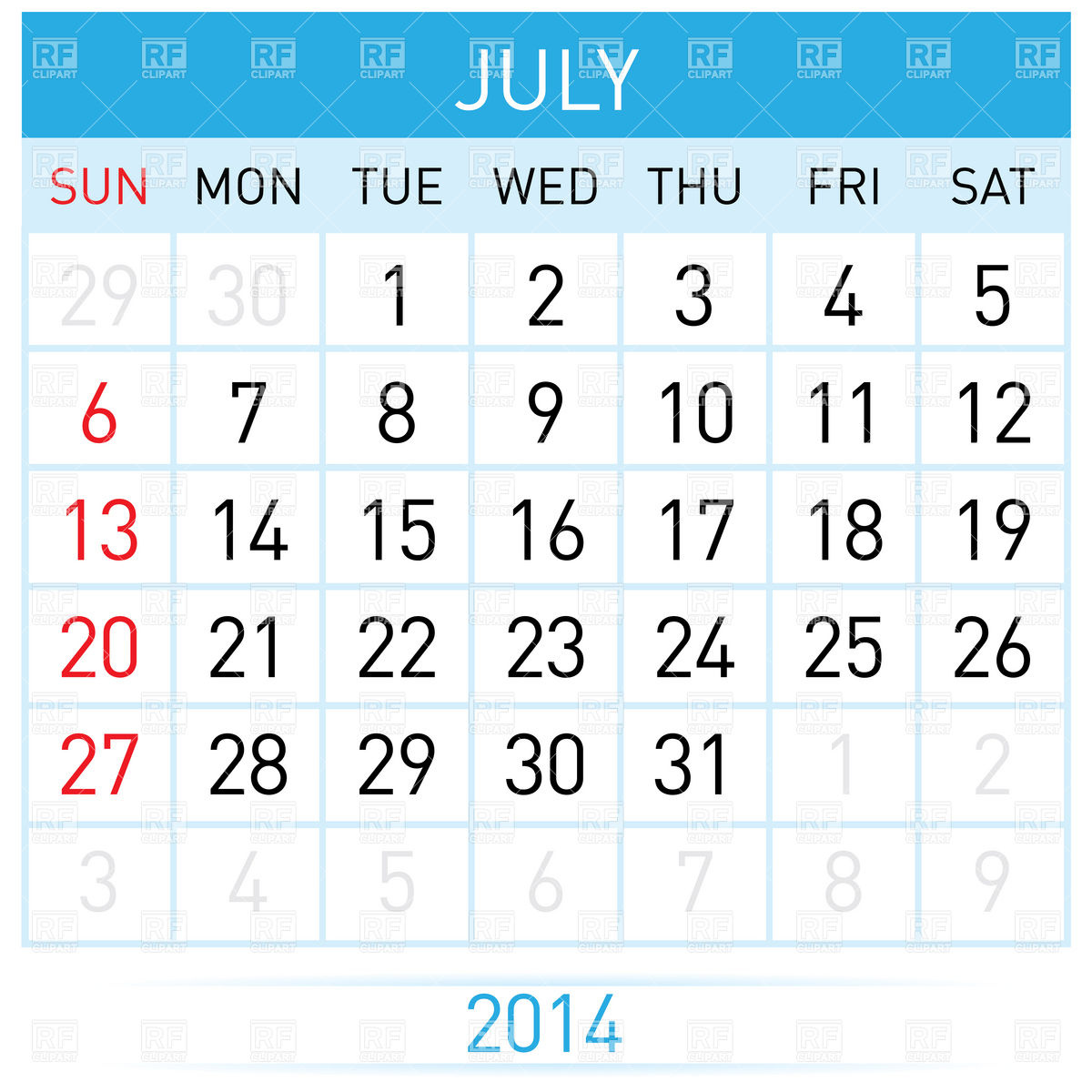 July 2014 Month Calendar Layout Download Royalty Free Vector Clipart    