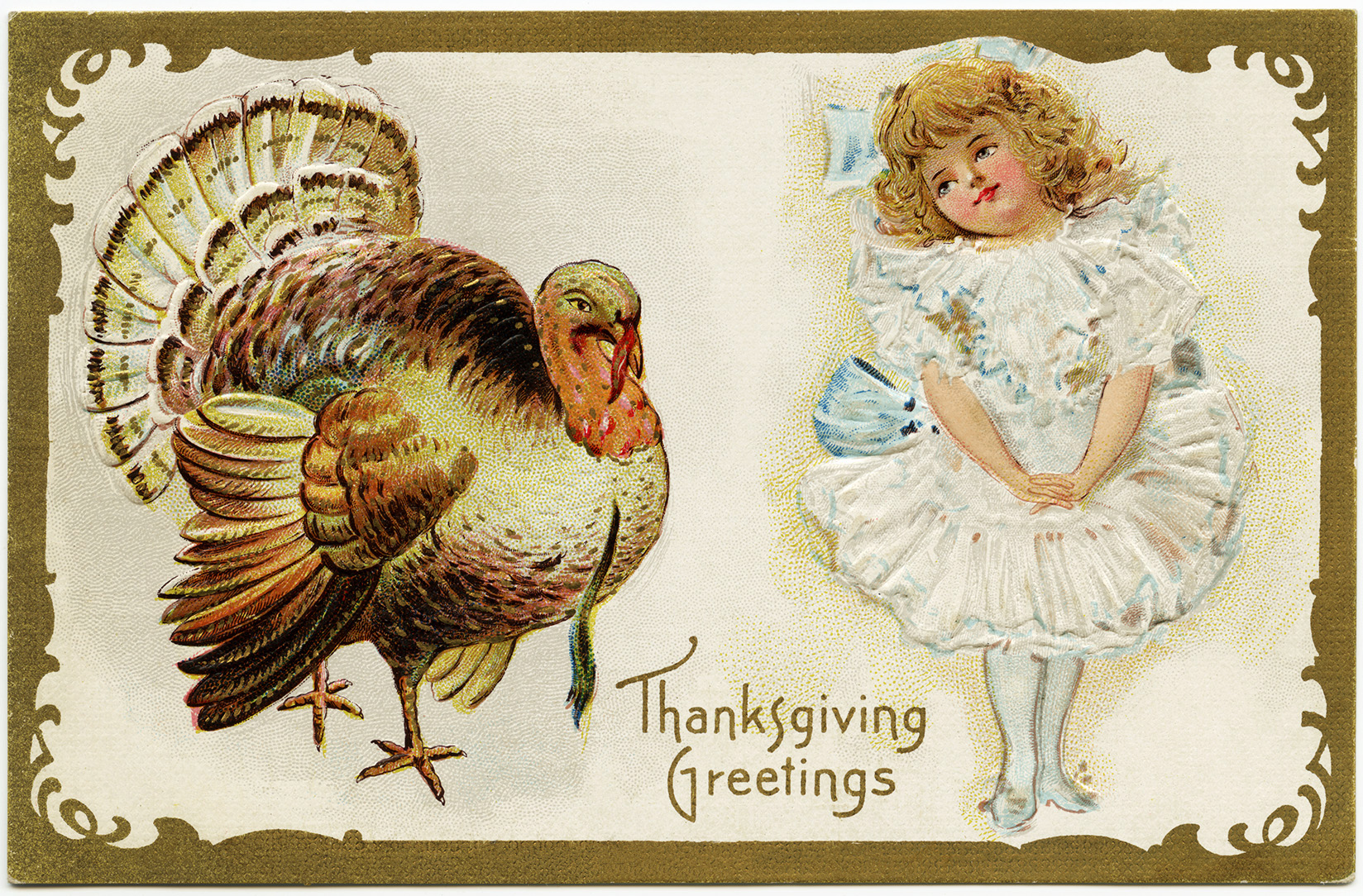 Vintage Thanksgiving Postcard Turkey Clipart Victorian Girl In