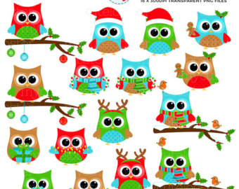 Owls Clipart Set   Clip A Rt Set Of Owls Christmas Colored Owls