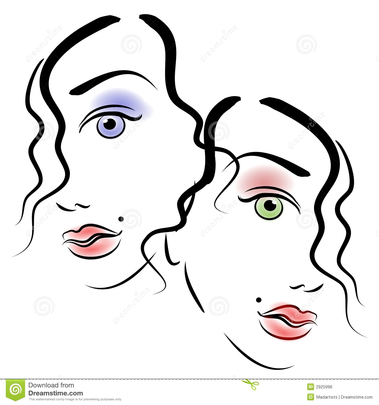 Art Portrait Of 2 Women S Faces In Black Outlines And Colored Eyes