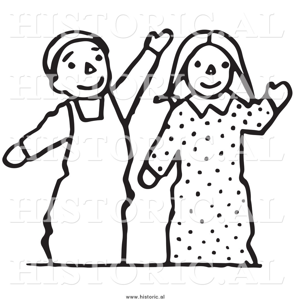 Clipart Of Waving Boy And Girl Puppets   Black And White Line Drawing