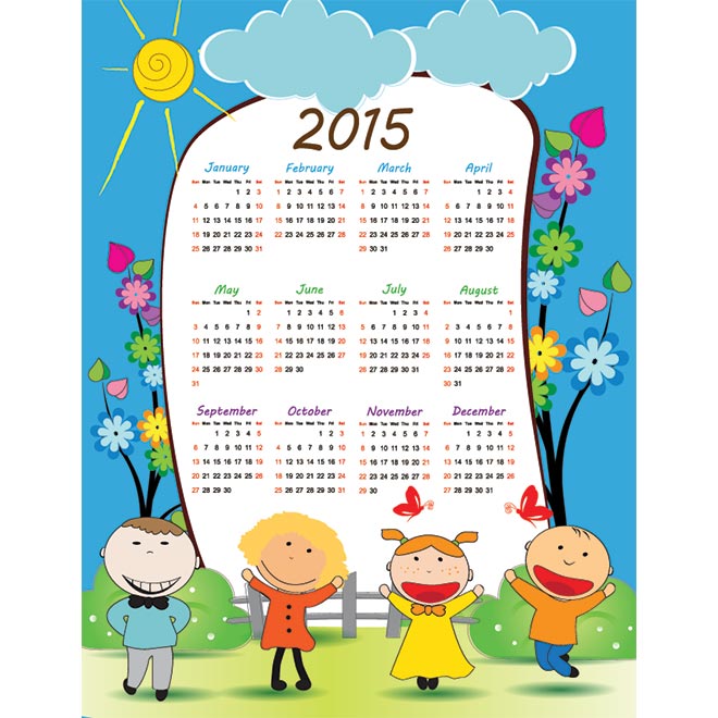 2015 Vector Calendar 1066 School Kids Flower Background 2015 Vector