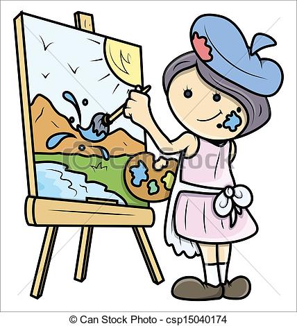 Drawing Art Of Cute Cartoon Girl Painting A Landscape On Painting