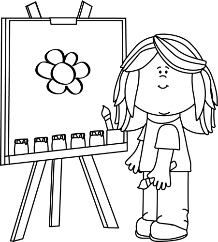 Girl Painting On Easel Clip Art   Black And White Girl Painting On