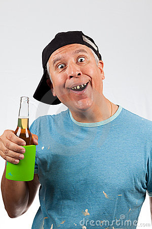 Funny Looking Middle Age Man With Bad Teeth Holding A Beer Bottle