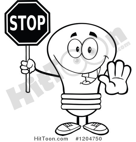 Cartoon Of A Happy Black And White Light Bulb Mascot Holding A Stop