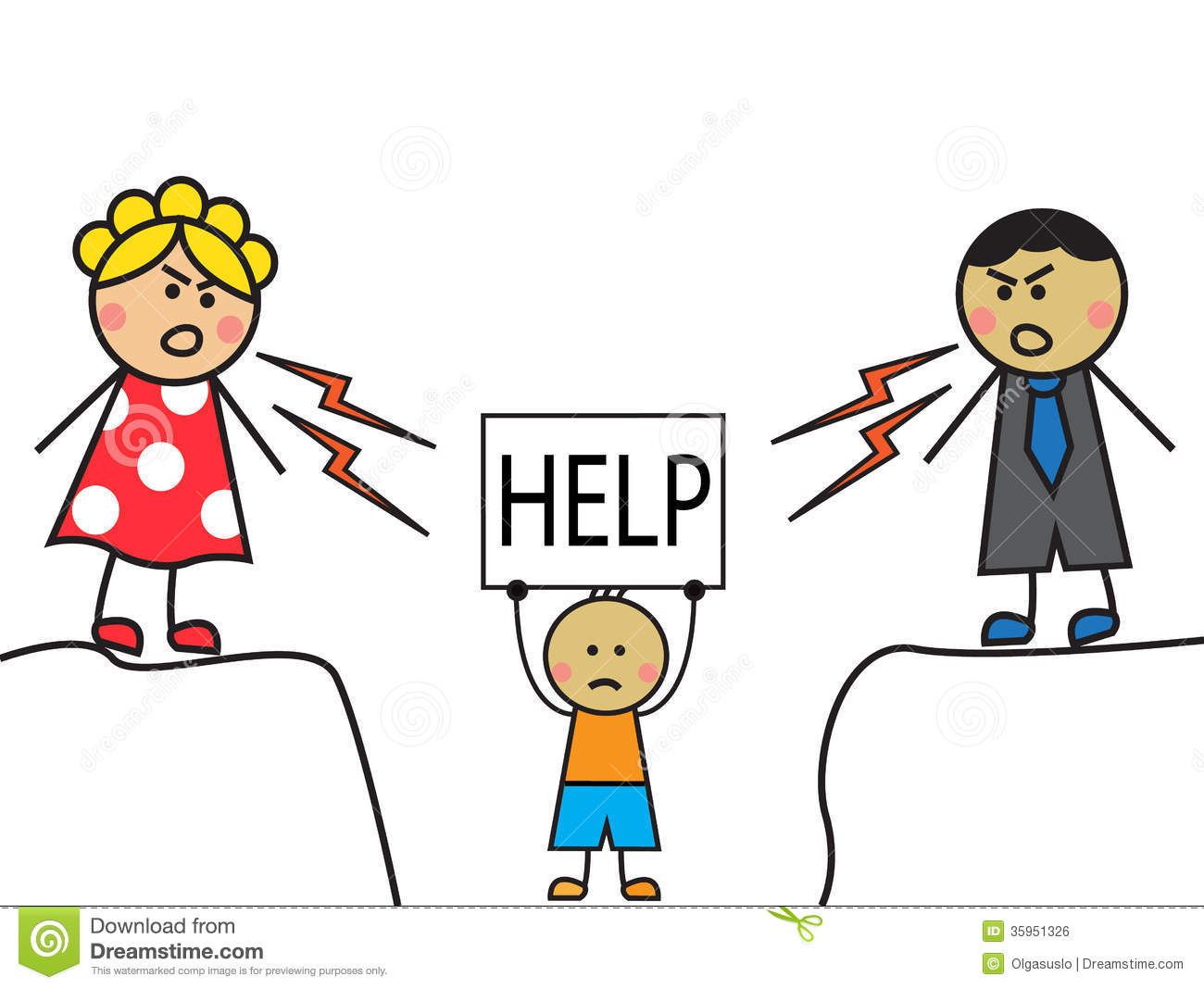 Cartoon Parents Scolded Child The Child Stands With A Sign Help