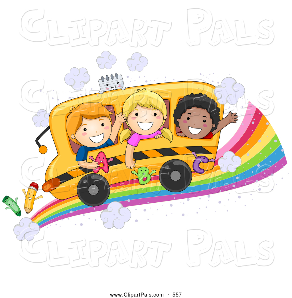 Pal Clipart Of A Diverse Group Of School Kids On A Bus On A Rainbow