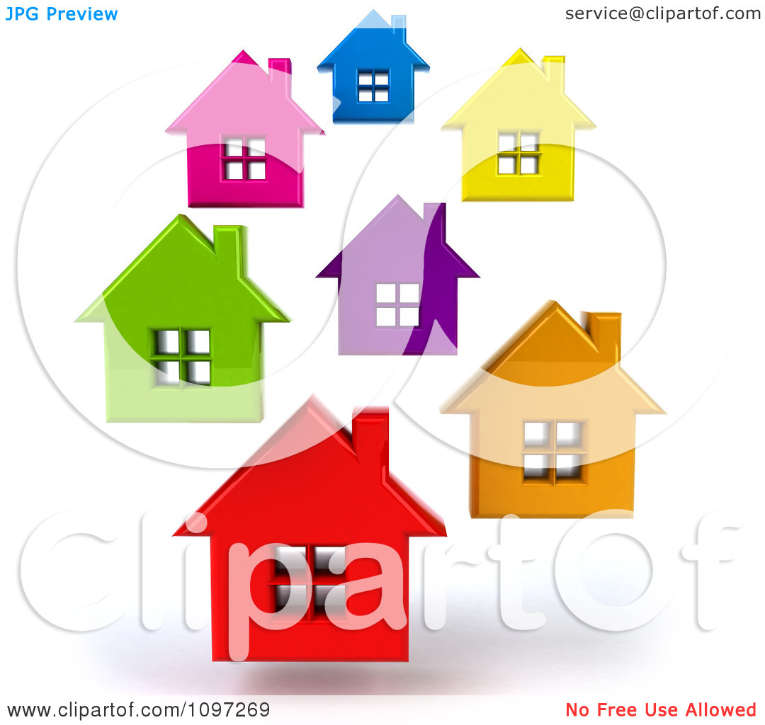 Clipart Neighborhood Of 3d Floating Colorful Houses   Royalty Free Cgi