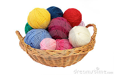 Colorful Yarn Balls In A Straw Basket Isolated On White Background