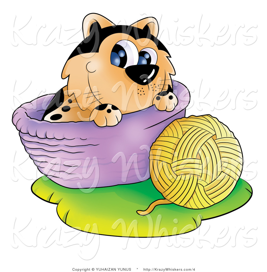Kitty Clipart Of A Cat With A Ball Of Yarn And Basket Royalty Free By