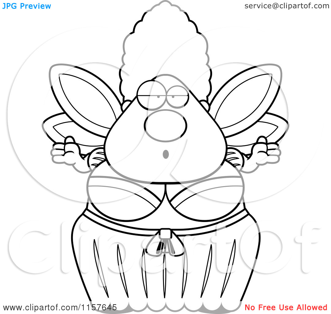 Cartoon Clipart Of A Black And White Plump Fairy Godmother Shrugging