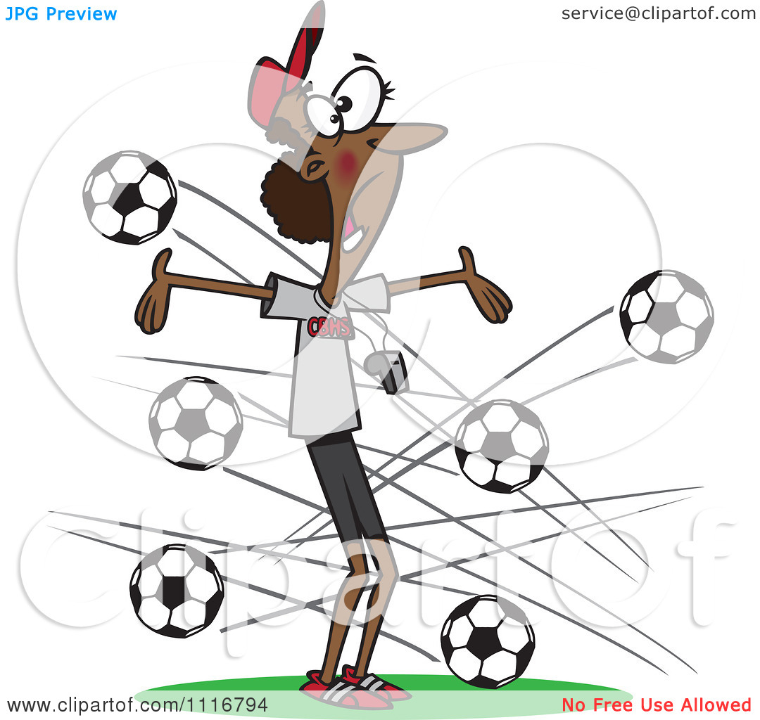 Soccer Coach With Balls Flying At Her   Royalty Free Vector Clipart By