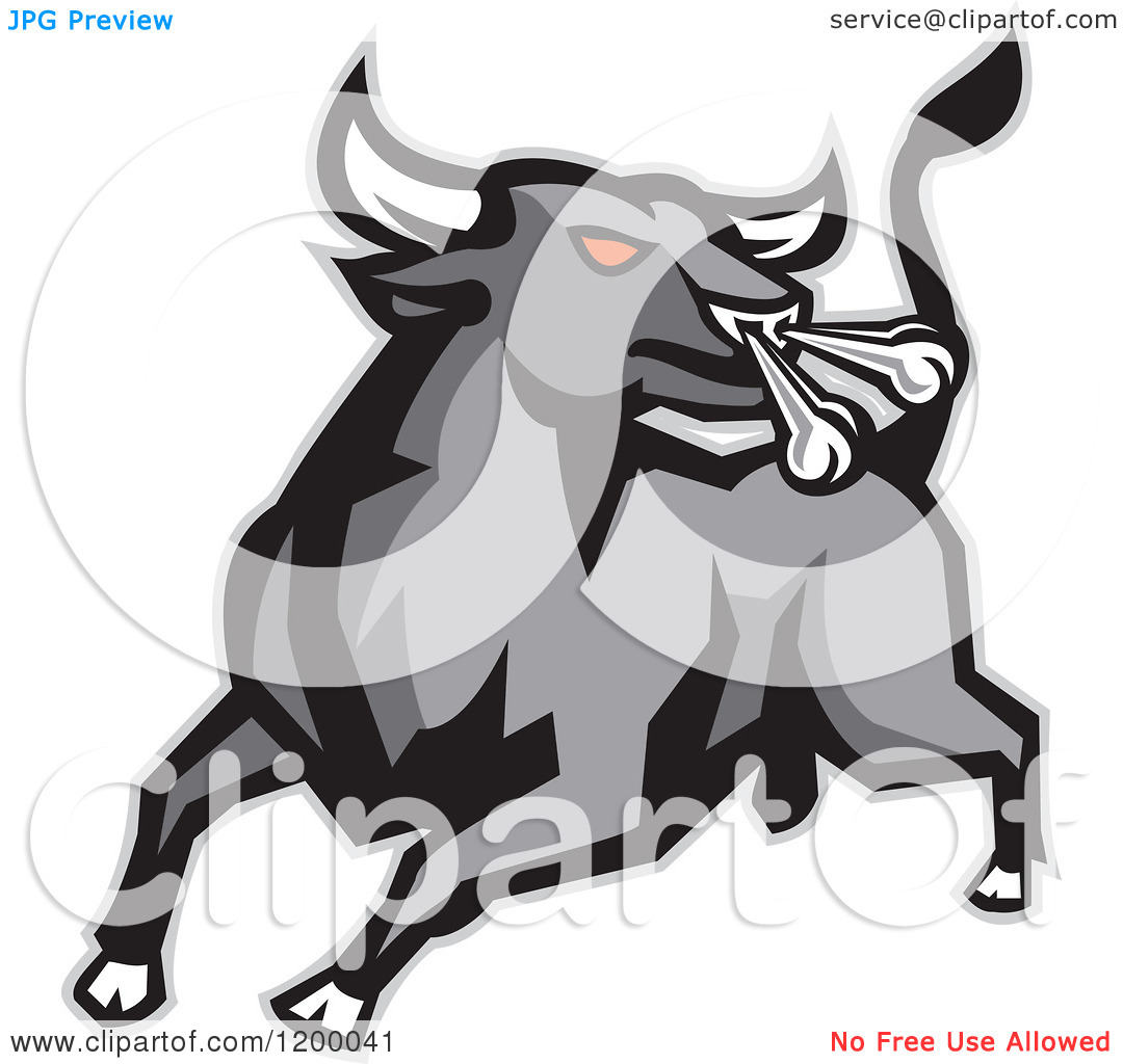 Clipart Of A Charging And Snorting Red Eyed Angry Gray Bull   Royalty