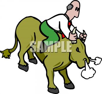 Man On A Wild Bull Holding On Tight To His Horns  The Bull Is Snorting