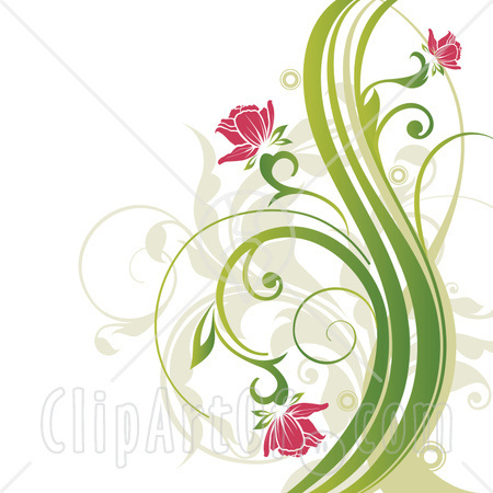 Clipart Picture Illustration Of Pink Flowers Blooming On Curly Green