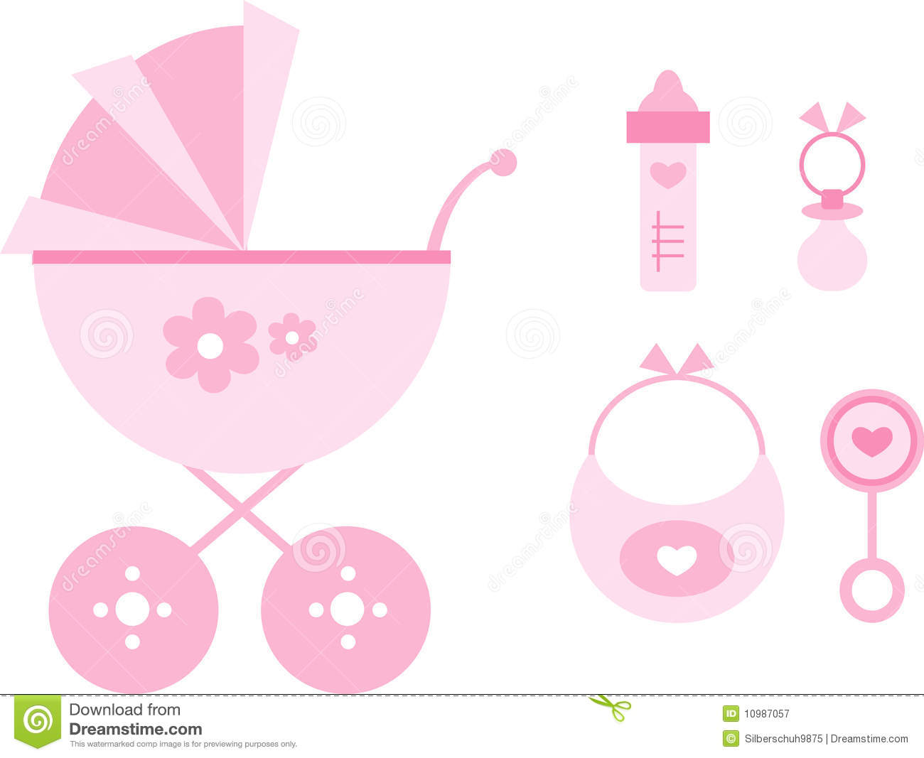 Five Pastel Colored  Pink  Illustrations Of Baby Items Including  Baby