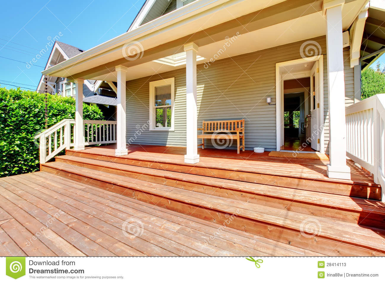 Back Porch Of Small Grey House With Bench Stock Photos   Image