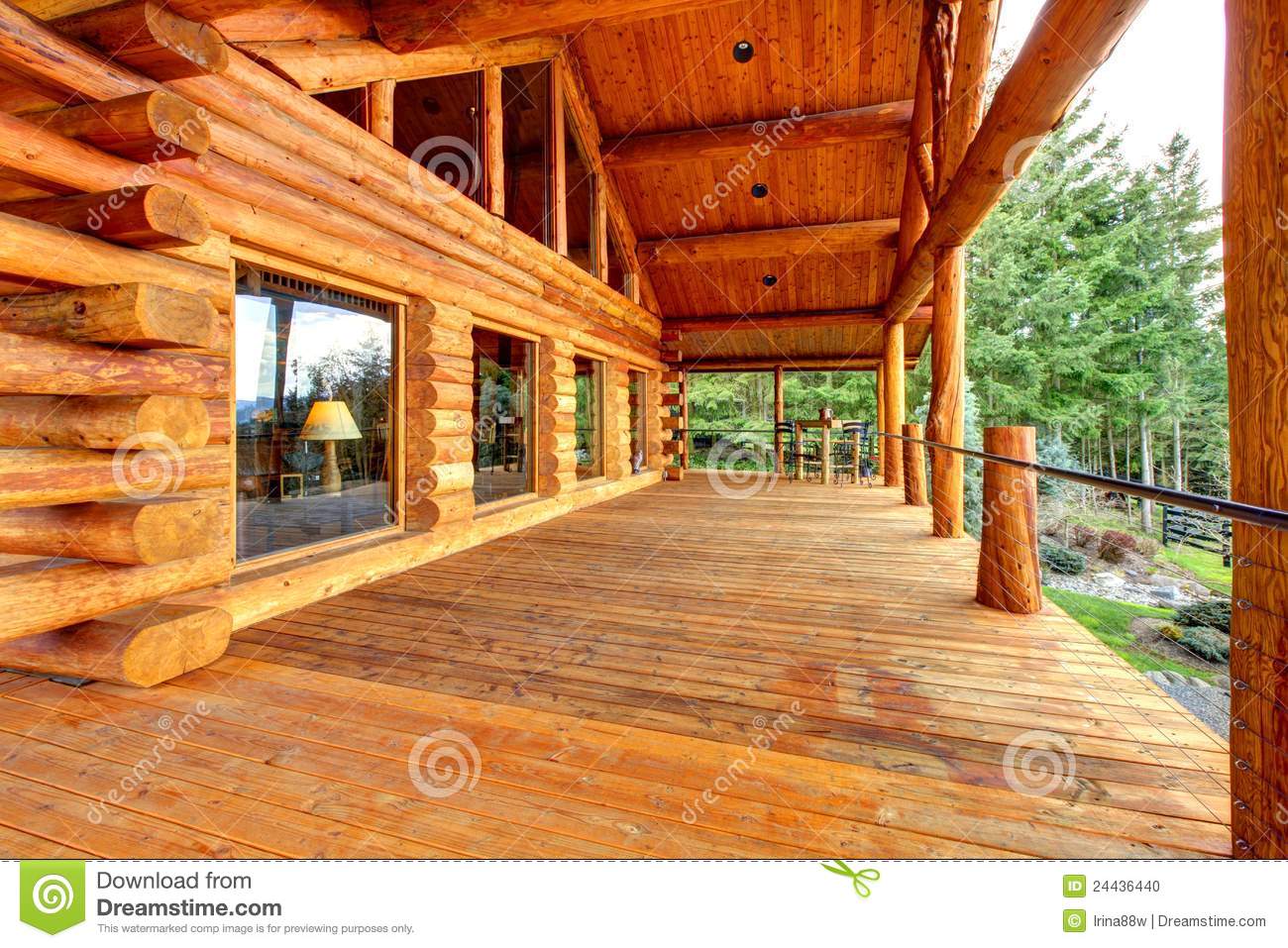 Wood Log Cabinet Porch With Entrance And Bench With Firelds View