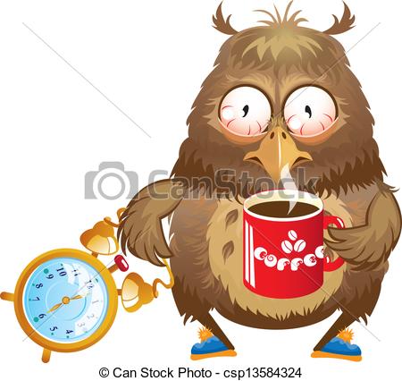 Early Morning Time   Funny Owl With Cup Of Coffee And Alarm Clock In